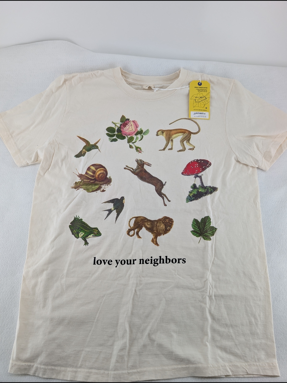 "love your neighbors" tee by imogene + willie, featuring an off-white Cotton